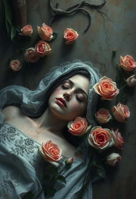In Silence Enshrined through Ages
A Dying beauty on a journey far
Fading Roses enchants the Garden
Sleeping, dreaming of my Bride
In Quiescence faces borders the Path
On the Shore of No Hope I am stranded
Fading Roses enchants my Grave
Sleeping, dreaming of my Bride
Lift my Remains from water violent
Unite the body with a Serene Sky
Enlight my wounds with healing Tongue
The Portrait is kissed in a Solemn Night
In Silence Enshrined through Ages
A Rotten beauty on a journey far
Blackened Roses celebrates my Death
How I never could reach my Bride
Putrid Faces engulfs the Path
To the Shore of No Hope, a Bridge
Blackened Roses in the Cradle of Sleep
Whispers: "Our Death is Eternal"
In Silence I fall through Sorrows
A Dying Lord on Eternal Journey
Your face is torn and lifeless
And the Passage is locked now Forever
Tearful my face borders the Path
Sleeping, dreaming of my Bride
And freezing my soul is praying
"Take me the way, through the Night"