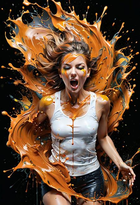 a woman jumping with a big splash of paint all around  it's face,  Background with more painting splash in an intricate spill that leaves the canvas on a 3D s, masterful digital art, spilling juice, caramel, splash image, adi granov, bioart, strong and ferocious, art photograph, smooth drawing, dew, digital screenshot, artistic rendering.