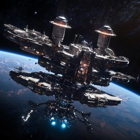 Design a breathtaking scene set in the vastness of space, where a futuristic spaceship is gracefully docking with a massive space station. Imagine this spacecraft as a marvel of human engineering, with sleek lines, glowing accents, and an array of advanced technologies on display. The space station, a towering structure with intricate details and multiple docking ports, serves as a bustling hub of interstellar activity.
As the spaceship aligns perfectly with the docking bay, highlight the intricate dance of mechanical arms and magnetic locks securing the two structures together. Add a dramatic touch with a vibrant nebula glowing in the background, its vivid colors contrasting the dark void of space. Enhance the sense of depth and movement with stars streaking across the scene, creating a captivating starfield.
Include subtle lighting effects to showcase the reflective surfaces of the spaceship and space station, emphasizing their metallic sheen. Perhaps add a few smaller vessels or spacewalkers nearby, providing a sense of scale and additional visual interest. The overall composition should evoke a sense of wonder, showcasing the beauty and excitement of space exploration and the potential of human ingenuity in the future.
