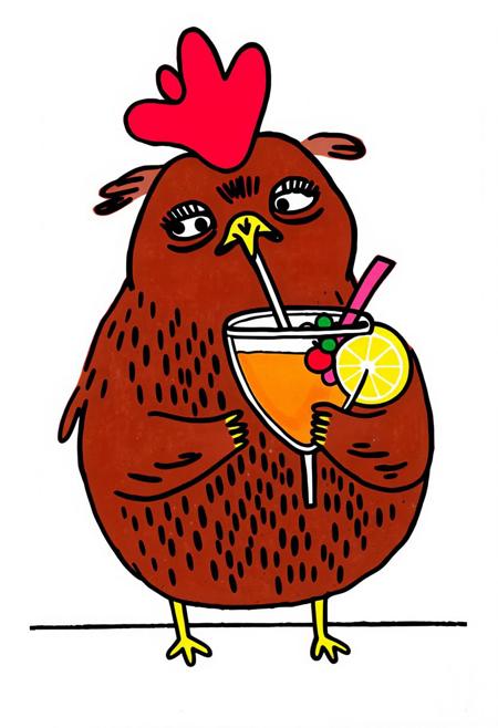 Gemma Correll Style illustration of a plump brown, female hen drinking a brightly coloured cocktail with a straw and fruit decorations in it. Looking very happy, big false eyelashes. Plain background.