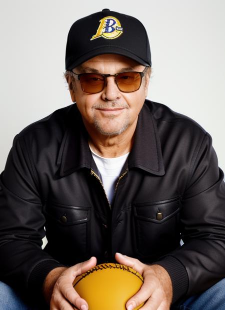 closeup portrait photo pinup of  jno1, man, wearing a jacket, sunglasses and baseball hat, sitting in the stands of a laker's basketball game, for magazine with studio lighting, simple background, white background   <lora:JackNicholsonOld:0.8>