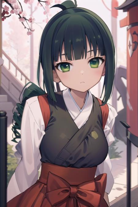 harutakimi, <lora:harutakimitest:1>, haru takimi, bangs, (green eyes:1.5), ponytail, green hair, blunt bangs, (medium breast:1.2)
BREAK skirt, japanese clothes, hakama, hakama skirt, miko, red hakama,
BREAK looking at viewer,
BREAK outdoors, shrine,
BREAK <lora:GoodHands-vanilla:1>, (masterpiece:1.2), best quality, high resolution, unity 8k wallpaper, (illustration:0.8), (beautiful detailed eyes:1.6), extremely detailed face, perfect lighting, extremely detailed CG, (perfect hands, perfect anatomy),