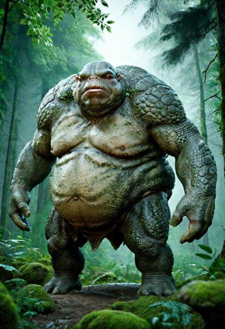 Frontal view, upper body view, Hyper-realistic photo, lifelike texture, grainy, cinematic, 4k, quality, detailed, impressive, wildlife animal shot, 
Create an image of a giant FEMALE hybrid creature that combines features of a ogre and turtle. Overweight  female creature, anthro hybrid, It stands on two legs like a troll, with a massive, (fat body:2.1) as thick as an pig. Small head, Its face resembles that of a turtle, with a broad, flat snout and expressive eyes. The skin is rugged and textured,  the skin is chartreuse-colored, adorned with bony protrusions that mimic a turtle's shell. The creature is set in a fantastical landscape, surrounded by lush greenery and towering trees, near cave and river, showcasing its imposing size and unique blend of characteristics