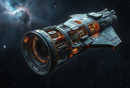 hyperrealistic, spaceship, A huge starship with a cut-away view showing cockpit, pistons and led's and circuit boards and motors, galactic nebula background