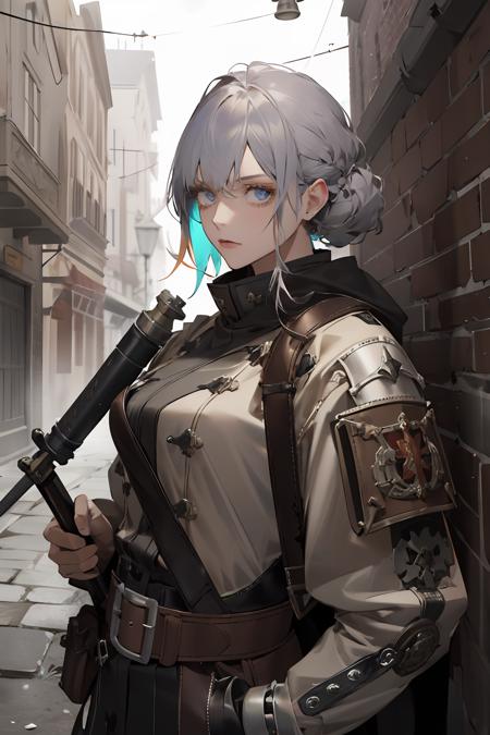 (absurdres, highres, ultra detailed), 1girl, solo, extremely detailed eyes, colorful, highest detailed,  portrait, looking at viewer, solo, (full body:0.6), detailed background, (industrial steampunk theme:1.1), purifier, serious expression, silver trimmed  intricate (studded:0.8) leather clothes,   straps, belts,  pockets, buckles, thick flaming (medieval:1.1) wooden torch, shadowed face, imperial seal, flasks,  gunpowder,  dark medieval alley in background, autumn, eerie atmosphere, dim lighting, shadows, warhammer dark fantasy,