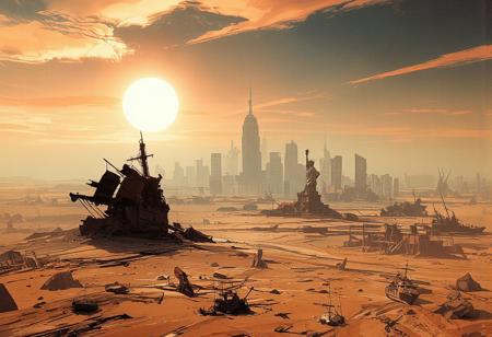 Aerial view. We are in the future, on Earth. Due to climate change, the water has evaporated, and the planet now resembles Mars. We fly over a vast desert that was once the Atlantic Ocean—now an endless expanse of sand and jagged rock formations.
Countless old commercial ships and other vessels lie stranded in the sand, almost entirely buried. A portion of New York’s Statue of Liberty emerges from a sand dune.
In the distance, the remains of Manhattan’s numerous skyscrapers stand in ruins, completely overtaken by the shifting sands. The sun is not visible, as it is rising behind us, while a massive moon sets ahead, sinking behind the crumbling skyscrapers. The sky is painted with stunning hues of orange and blue, like the colors of dawn, with the large moon still visible above the horizon.