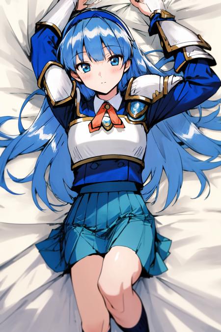 masterpiece, best quality, highres, 1girl umi ryuuzaki hairband, armor shoulder armor blue skirt <lora:umi_ryuuzaki_shoulder_armor:1> lying on back, bed sheet, arms up