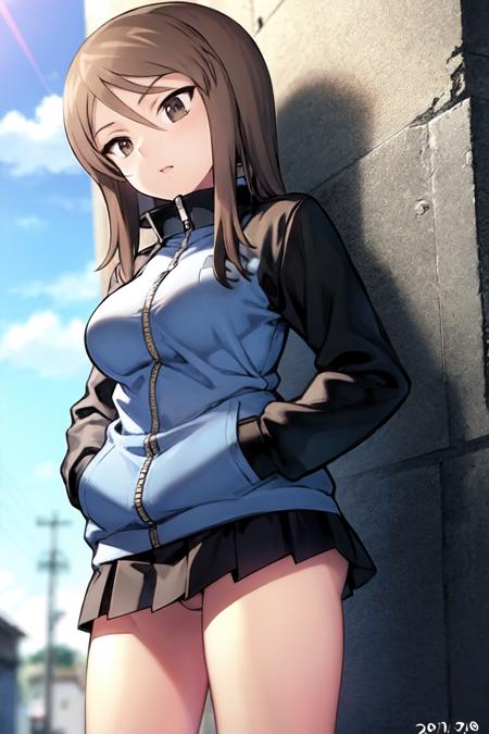 <lora:mika_Loha:0.7>,  mika (girls und panzer), 1girl, solo, keizoku military uniform, jacket, brown eyes, hands in pockets, military, raglan sleeves, brown hair, military uniform, track jacket, long hair, blue jacket, no headwear, uniform, long sleeves, bangs, pleated skirt, skirt, blue skirt, dated, miniskirt, emblem,