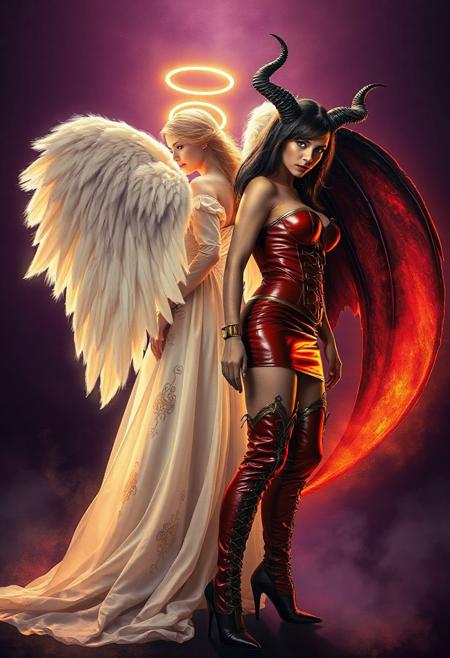 A stylized movie poster featuring an angel and a succubus standing back-to-back. The angel, facing the viewer, wears a flowing ivory gown with gold filigree, a radiant halo, and feathered wings emitting divine light. Her serene beauty is emphasized by soft, celestial glow. The succubus, turned away, exudes temptation—dressed in a glossy red latex corset, thigh-high boots, and a jagged leather skirt. Her smoldering eyes, dark horns, and glowing infernal wings radiate seductive energy. The lighting contrasts virtue and desire, with ethereal gold against moody purples and reds, creating a dramatic, painterly composition.