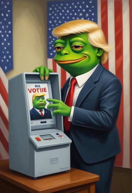 (Masterpiece, cartoon, digital illustration, oil painting), (pepe the frog) voting on an election machine, wearing a suit, blonde trump hair, American flag in background,