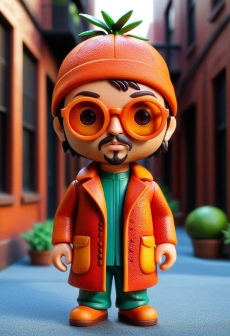 blood orange style, a stylized vinyl toy figure of Léon from the movie Léon: The Professional in a Japanese chibi-kawaii style. Design Léon with a large head, small body, and cute proportions, wearing his iconic long coat, beanie, and round sunglasses. He should be holding a small pot with a miniature orange tree, detailed with tiny leaves and fruit. The background should feature a cinematic view of New York City streets, with brick buildings, fire escapes, and a moody, film-like atmosphere. Render the scene in bright, vibrant colors with clean lines and soft shading, mimicking the look of a high-quality vinyl toy. Add a subtle plastic texture to enhance the realism of the figure, symmetrical face front view, hyperrealistic, high contrast, 8k photographic style, matte painting