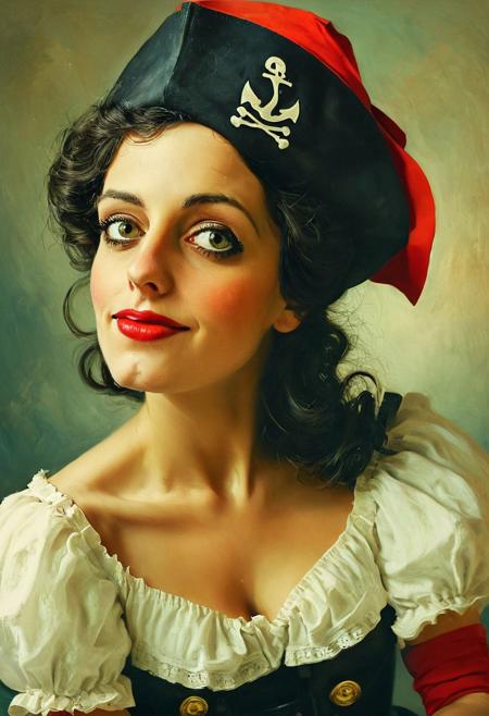Facial expression style, illustration, ((clever pirate)) (Iranian:1.2) female (cute:1.4), (Gil Elvgren)