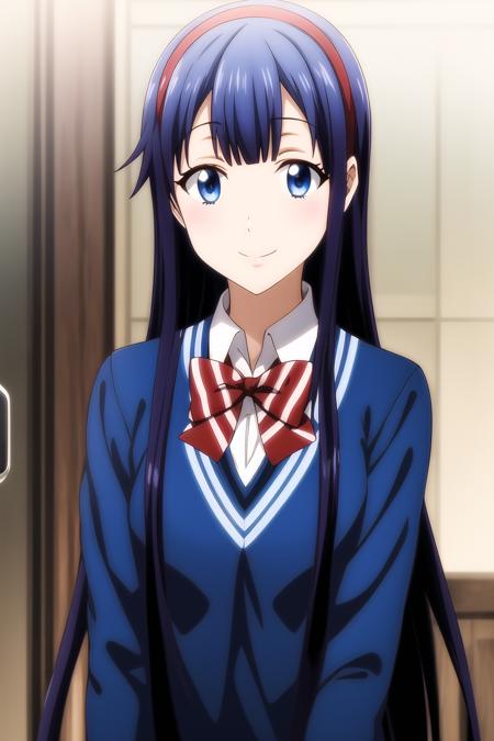 1girl, bangs, blazer, blue eyes, indigo hair, blue jacket, bow, bowtie, collared shirt, diagonal stripes, hairband, jacket, long hair, looking at viewer, red bow, red bowtie, school uniform, shirt, smile, solo, striped, striped bow, striped bowtie, white shirt, mikoto_asuka, <lora:add_detail:0.7>