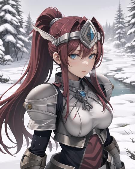 best quality, (masterpiece:1.2), illustration, absurdres,
(1girl, solo),  (beautiful detailed girl), 
<lora:Ines-08:1>, Ines, red hair, long hair, ponytail, blue eyes, medium breasts, strong,
armor, armored_dress, winged visor, wing ornament, bodysuit, black_bodysuit, pantyhose, armored_boots, greaves, red skirt, red waistcloak,
proud, calm, confident, looking at viewer,
in snowy village, falling snow, particles, crisp winter morning, breathing out steam, snowy pine trees and frozen river,
(upper body, portrait),