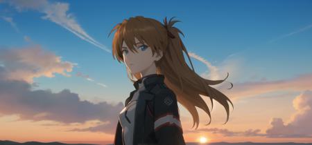 masterpiece, best quality,
evafinal, 1girl, solo, souryuu asuka langley, blue eyes, sky, long hair, cloud, brown hair,  looking at viewer, blue sky,cloud, sky, outdoors, sunset,<lora:evafinalmagic-000001:0.6>