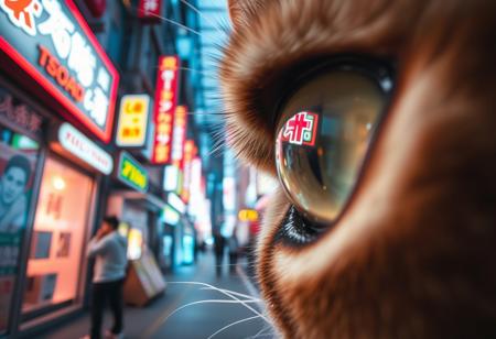 extreme close up portrait of a cat's eye reflecting the a futuristic Tokyo alleyway with neon signs and people standing talking,