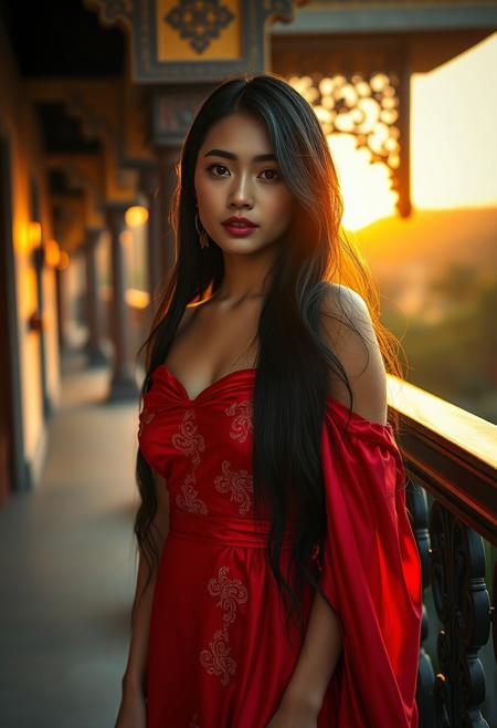 A hyperrealistic, ultra-detailed cinematic photograph of a stunning Southeast Asian woman standing by an ornate balcony, bathed in golden-hour light. Her long, raven-black hair cascades down her bare shoulders, catching the soft glow of the setting sun. She wears a flowing, off-shoulder crimson silk dress that clings to her slender figure, its delicate embroidery shimmering in the light.