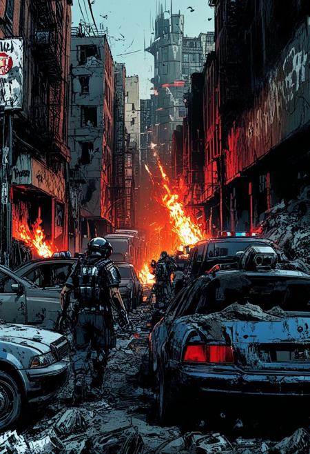 Subject & Scene: A chaotic urban battleground where sleek, shiny hover vehicles and lithe VTOLs clash against rugged, grimy trucks and motorcycles. Walls of crumbling buildings adorned with faded graffiti and worn propaganda posters clash with holographic billboards and glowing neon signs. Figures in ragged scavenger gear face soldiers in futuristic tactical armor.
Lighting: A smoky, dynamic skylight cast through diffused beams of cool blue and harsh amber, mixed with the flickers of fire, glowing sci-fi energy blasts, and the glowing embers of destruction. Dappled shadows lean into the scene's intrigue.
Mood: Tense, gripping, and foreboding. A desperate survival energy contrasts sharply with the cold precision of advanced technology.
Technique: Sharp, detailed line art with atmospheric perspective. Layered textures — polished metal, scorched concrete, and torn fabric. High contrast between clean utopian surfaces and rough post-apocalyptic grime, reminiscent of Syd Mead's mix of clean edges and dystopian intrigue.
Palette: Dominated by desaturated earthy tones—grays, browns, and dusty beiges—contrasted with stark, glowing neon blues, greens, and sharp red lasers. Smoky oranges and ash blacks dominate the air.
Style: Comic book-inspired graphic novel aesthetic with heavy ink outlines. Painterly gradients and tonal washes akin to futuristic concept art.