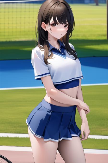 masterpiece, best quality, 1girl, crop top overhang, tennis uniform, miniskirt, <lora:leviathan:1>