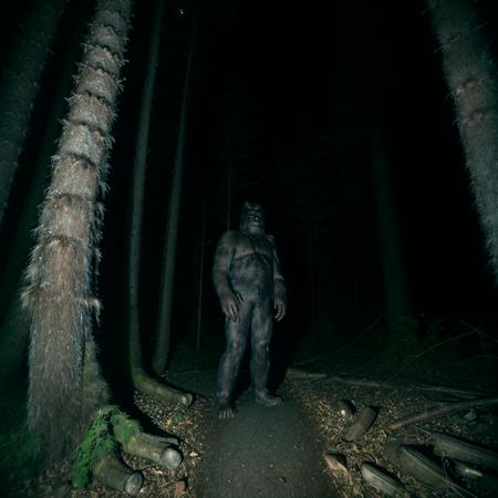 flashlight, night time, dark, dense forest, scary bigfoot, sasquatch, full body shot, film grain, Fujifilm X-H3,  far away, nightmare,<lora:flashlight_v10:1>