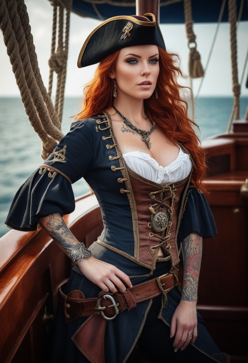 an incredible photo portrait of a beautiful redhead female pirate on a ship,
photography,
((pirate clothing)),
detailed skin,
realistic,
photo-realistic,
detailed,
full body shot,
enticing pose,
expressive facial features,
tattoos,
high detail RAW color art,
diffused soft lighting,
shallow depth of field,
sharp focus,
cinematic lighting