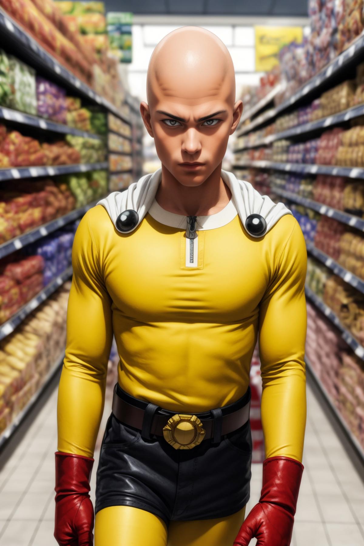 A Superhero Cartoon Character in a Grocery Store Aisle