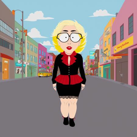 Lady Gaga, adult woman, south park style, trendy clothing,  in the city<lora:South Park Style v2:0.52>