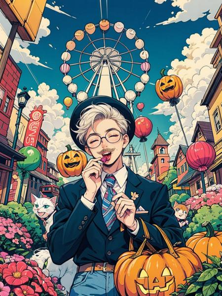 hezi, trend illustration, bright colors, candy, lollipop, food, flower, sky, cat, day, building, outdoors, mustache, balloon, open mouth, blue sky, smile, facial hair, cloud, multiple boys, flag, looking at viewer, swirl lollipop, holding, sign, jacket, copyright name, city, lantern, 1boy, castle, suit, shop, male focus, lamppost, rope, pumpkin, formal, glasses, long sleeves, banner, statue, teeth, ferris wheel, tongue, 2boys, solo focus, hat, town, shirt, clown, house, no humans, ring, closed eyes, holding candy, furry, string of flags, :d, white hair, blonde hair, tree, jewelry