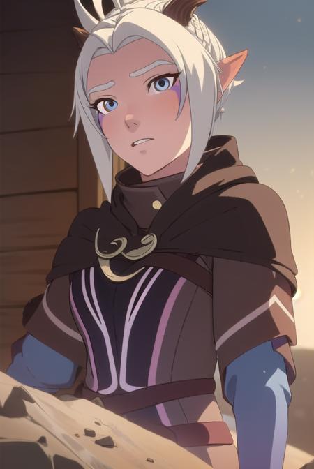 dragonrayla, <lyco:rayla-LYCORIStest:1>,
rayla, blonde hair, pointy ears, horns, ponytail, elf, ahoge, (brown eyes:1.5), facial mark,
BREAK cape, armor,
BREAK looking at viewer,
BREAK outdoors,
BREAK <lora:GoodHands-vanilla:1>, (masterpiece:1.2), best quality, high resolution, unity 8k wallpaper, (illustration:0.8), (beautiful detailed eyes:1.6), extremely detailed face, perfect lighting, extremely detailed CG, (perfect hands, perfect anatomy),