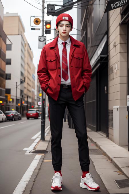 ((1man)), male, male focus, wooseok, black hair, full body, solo focus, brown eyes, ((backwards red cap)), white collared shirt, black sweater vest, plaid necktie, ((red jacket)), capri black pants, white socks showing, sneakers,  realistic, <lora:JungWooseok:0.9>, broad shoulders, tall male, tall, Korean, Extreme Details, Photo realistic, hyper detail, hyper realistic, Portrait, Long shot, portrait photo, hyper realistic