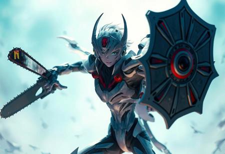 The image showcases a dynamic scene of Doma The Raypunk Angel of Silence, a character from Neon Genesis Evangelion anime series, in a light blue hue. Wielding a Chainsaw Insect in one hand and a Nightmare shield Mirror in the other, Doma The Raypunk Angel of Silence is ready for action. The Ally of Justice Cosmic Gateway is blurred in the background, drawing focus  in 4K, exceptional quality, with detailed facial features, clothes, and vivid emotions. The dynamic pose, captivating lighting, and harmonious colors create a powerful message and joyful impact. Rendered in Octane and trending on ArtstationHQ.