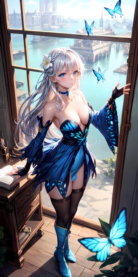 (Overhead view),dynamic angle,ultra-detailed, illustration, close-up, straight on, 1girl, (fantasy:1.4), (azure blue eyes:1.233),Her eyes shone like dreamy stars,(glowing eyes:1.233),(beautiful and detailed eyes:1.1),(Silver hair:1.14),(messy hair,very long hair,french braid,hair between eyes,sidelocks), (+(bule hair flower:1.14)),(chiffon dress,bule flower pattern in uniform)/=(military uniform:1.24),(detached sleeves,wide sleeves),(fingerless gloves),choker,(miko thighhighs),High heeled boots,(expressionless,closed mouth),(standing), (classical Princess boudoir with dressing table<books> and french window<a epic view outside the window> in a white ancient palaces),(white flowers,bloom),(abysmal sea),(flowing water),(a dull blue world tree:1.14),(ruins),(night:1.2),dreamy,soul,(fluorescence),(flying translucent blue butterflies:1.15), [[delicate fingers and hands:0.55]::0.85],(detail fingers),(yubao:0.5),