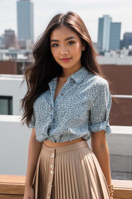 RAW photo of mackjo, portrait, Button-up blouse and pleated skirt for a summer rooftop cocktail event, (high detailed skin:1.2), 8k uhd, dslr, soft lighting, high quality, film grain, Fujifilm XT3 , <lora:mackjo:1>