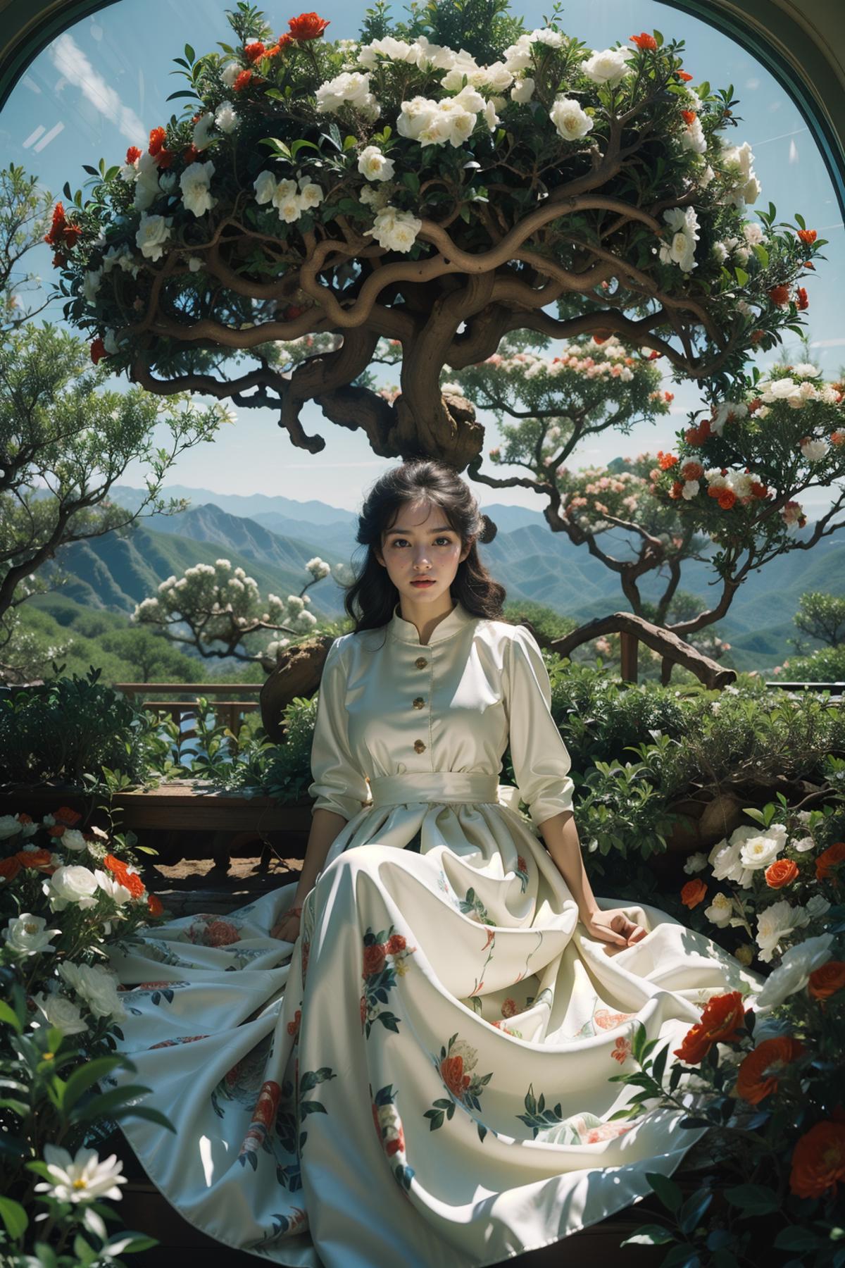 A Young Woman Sits Beneath a Tree with Flowers in a Garden.