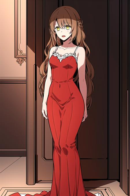 (small breasts:1.20), <lora:Raeliana_v2b:1.0> raeliana, brown hair, 1girl, solo, long hair, wavy hair, red dress, standing, slender, pale skin, parted lips, embarrassed, portrait, sky, masterpiece, open mouth, full body, castle corridor