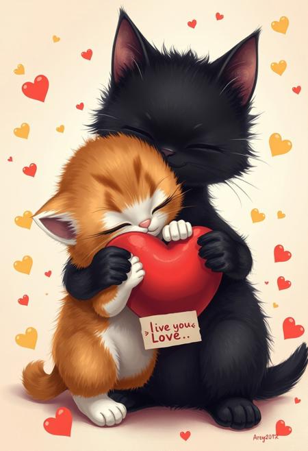 high quality, ultra detailed, colorful, dark fantasy, bo-abyss, bo-neon, ArcaneFGTNR, a digital illustration in a whimsical, romantic style, it features two small, adorable kittens in a loving embrace, the kitten on the left is a small, fluffy orange and white cat with closed eyes, holding a large, red heart in its paws, its fur is soft and fluffy, and its ears are perked up, giving it a content and relaxed expression, the cat on the right is a larger, fluffy black kitten with a soft, fluffy texture, its eyes closed in contentment as it holds the heart close to its chest, the background is a soft gradient of beige and white, with scattered golden hearts and small red hearts floating around them, creating a romantic and dreamy atmosphere, the overall color palette is warm and inviting, with soft, warm tones that enhance the cozy and intimate feel of the scene, the illustration is highly detailed, with a focus on soft textures and delicate, almost ethereal quality, making it a captivating and romantic piece of art(((( small note on heart: "Give buzzes meow"))))