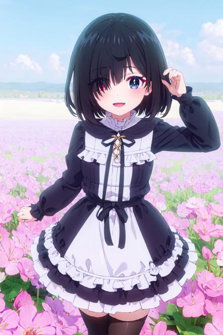 shiina_tsumugi, 1girl, bangs, blue eyes, red eyes, eyes visible through hair, hair between eyes, heterochromia, short hair, black hair, standing, hair over one eye, long sleeves, frilled dress, black dress, black thighhighs, sleeves past wrists