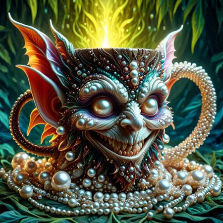 Vivid color, dynamic lighting, abstract composition, soft gradients, cinematic contrast, pearlum, textured background, (angled view) of a stylish goblin wizard coffee mug made from pearls, foliage foreground frame, vivid flowers, precision, fractal geometry, harmonic interference, altered realities, fantastical scenes, striking visuals,  detailed background, light reflection, masterpiece, best quality, absurdres,  mobe-ancofmu style