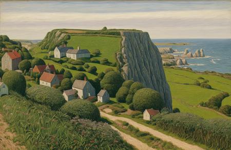 style of Henry Moret, farm ,boscage ,hedgerow,field ,yard , Cliff/Bluff ,