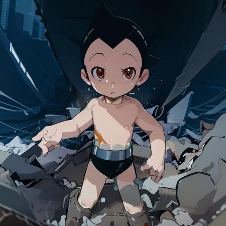 ((masterpiece, best quality)),(complex light),solo,solo focus,1boy,astro boy, <lora:AstroBoy1-10:1>, red eyes,destroyed debris background,smooth torso,black underwear,