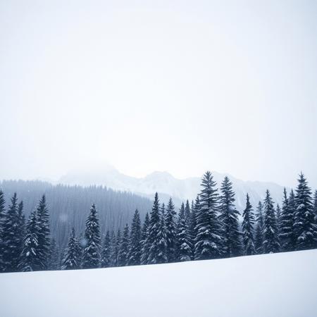 Snow, Heavy Ambient Blizzard, Total White Flurry Sky, Sky Towering Mountains, Tall Pine Trees, Glowing Abstract White, Monotone, Faded Out Images on Sides