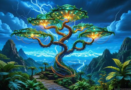 lazypos, terrariabackground, blue sky, mountainous horizon, tree, neon, wires, made of wires, cables, outlined with wires and neon, neon outlines, wire sculpture, neon wire sculpture, exotic and primordial scenery on a distant world, very aesthetic, extremely detailed and realistic, dragon with scales of interlaced copper coils hovering over a bioluminescent cyber-jungle, vines fused with LED filaments, trees pulsing with electric sap, stormy sky crackling with prismatic energy bolts, end_tripwire_morph humor, wit, mythology, ancient, Masterpiece