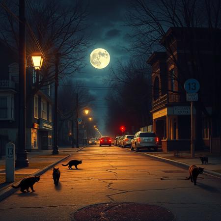 Friday the 13th: A street scene on the night of Friday the 13th, where every aspect of the environment seems subtly off-kilter. Streetlights flicker, and the full moon casts an eerie glow over black cats, broken mirrors, and cracks in the pavement. Suspense fills the air as the number "13" seems to appear in strange places—license plates, addresses, and even graffiti.