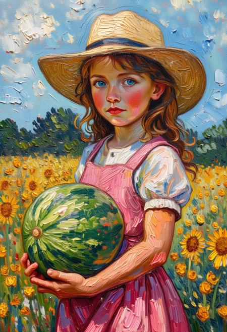 style of Vincent van Gogh,The girl holding a watermelon on the farm, wearing a pink straw hat