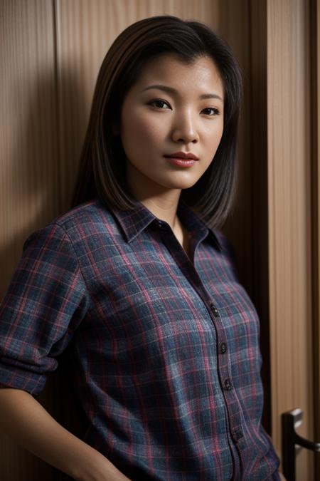 k311yhu in a plaid top and is standing in a doorway with her hand on her hip, <lora:Kelly_Hu_PMv1_Lora:1.3>,, ((Close-Up)), high quality photography, 3 point lighting, flash with softbox, 4k, Canon EOS R3, hdr, smooth, sharp focus, high resolution, award winning photo, 80mm, f2.8, bokeh, detailed skin texture, (blush:0.5), (goosebumps:0.5), subsurface scattering