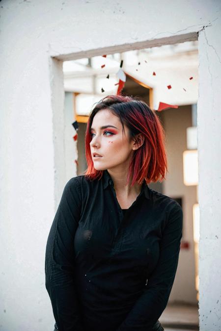 commercial photo on Sony 80mm f1.2, abstract portrait of 1girl, coloured hair, fragmented visual style,red and black color palette,evokes feelings of rebellion,passion,and freedom,blurred boundaries,high resolution,aesthetic, malevich style, suprematizm, unperfect skin, detailed skin with visible pores, bokeh, sharp focus on subject,
 <lora:Cinematic Hollywood Film:0.7> <lora:DetailedEyes_V3:1> <lora:InstantPhotoX3:1>