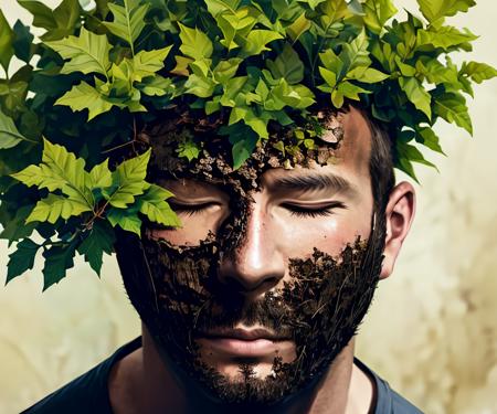 (masterpiece, illustration, high quality, close up), (((a man with a plant growing out of his face, eyes closed, human_nature_lora))), (depth of field), <lora:human_nature_l0ra:0.8>