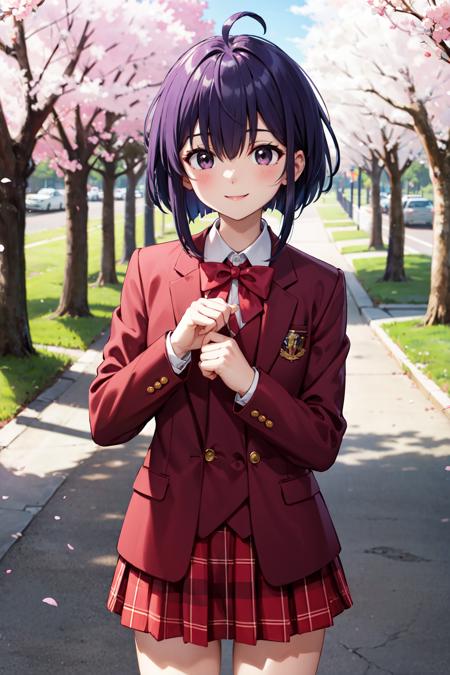 masterpiece,best quality,highres,ultra-detailed,bbnodoka,1girl,black eyes,purple hair,short hair,ahoge,hair over one eye,school uniform,red bowtie,red jacket,blazer,long sleeves,red vest,collared shirt,plaid skirt,socks,black socks,loafers,<lora:miyazaki_nodoka:0.8>,outdoors,standing,smile,cherry blossoms,cowboy shot,