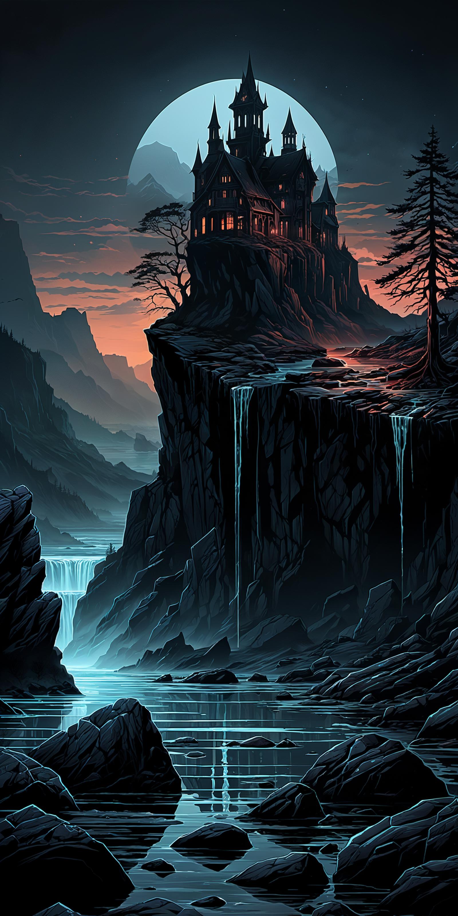 A beautifully illustrated scene of waterfalls, mountains, and a castle.