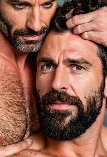 2 men, males, face shot, hairy chested, 42 years old, handsome, beautiful, attractive, shirtless, kissing